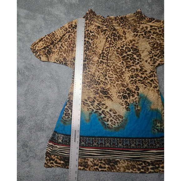 ShuShu Leopard Animal Print Boho Top Size L Smocked Neckline Tribal Border FLAWS - Picture 10 of 11